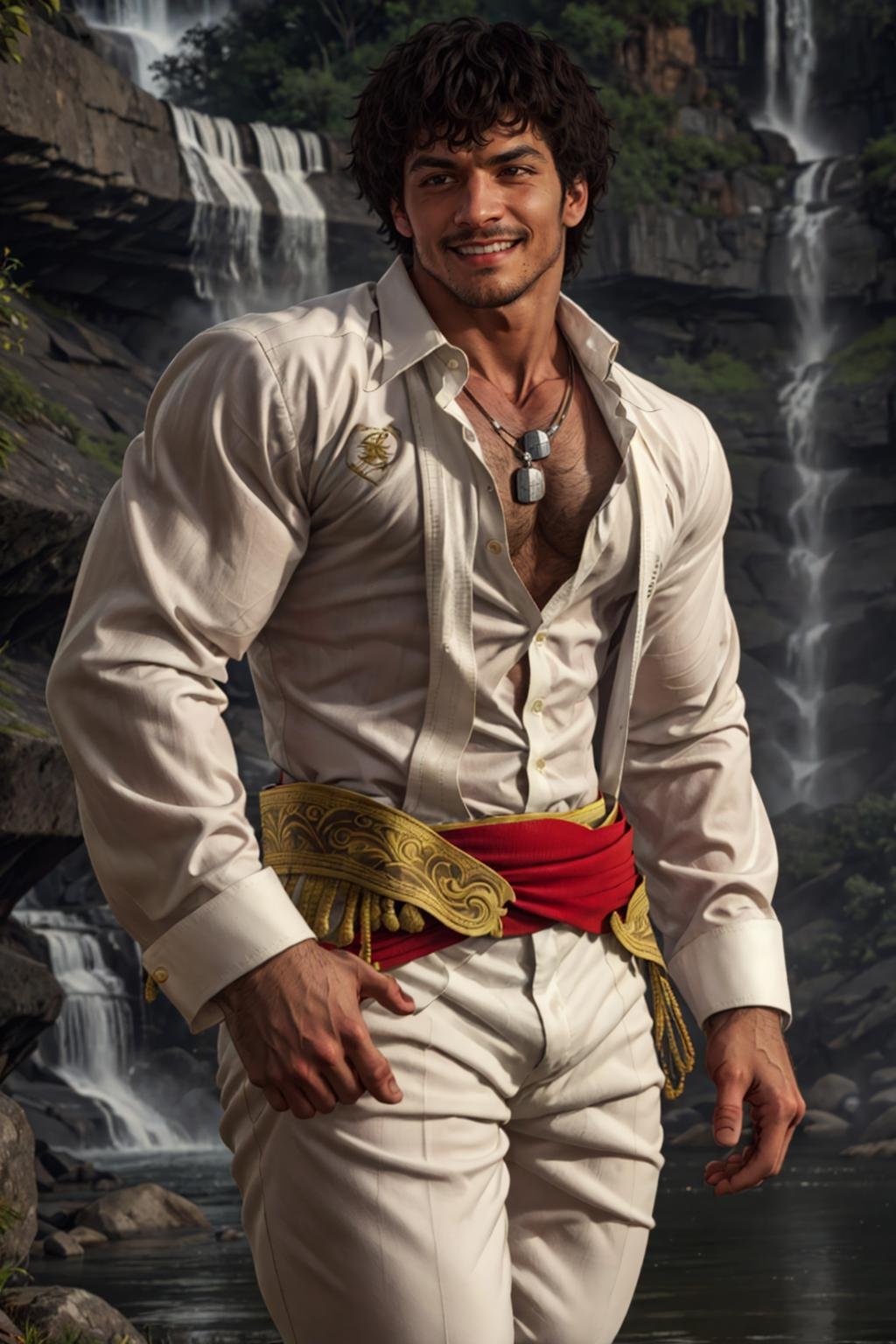 1guy,  white shirt,  matador pants,  red stash,  cowboy shot,  matador clothes,  ,  at the waterfall,  skin,  smirk,  medium shot,  necklaces,  (best quality:1.2),  smirk,  masterpiece,  highness,  perfect face,  perfect picture,  detailed eyes,  sharp focus,  , MiguelTekken, <lora:EMS-56171-EMS:1.000000>