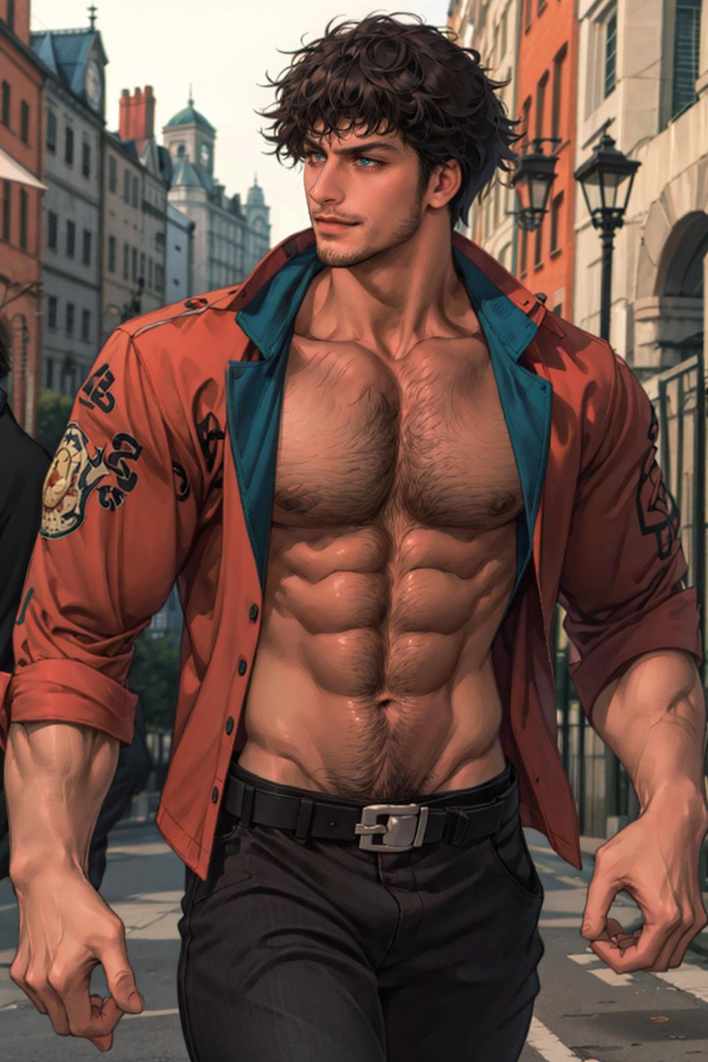 1guy,  at the park,  stubble,  relaxing,  red jacket,  trousers,  belt, ,  medium shot,  necklaces,  (best quality:1.2),  smirk,  masterpiece,  highness,  perfect face,  perfect picture,  detailed eyes,  sharp focus,  , MiguelTekken, <lora:EMS-56171-EMS:1.000000>