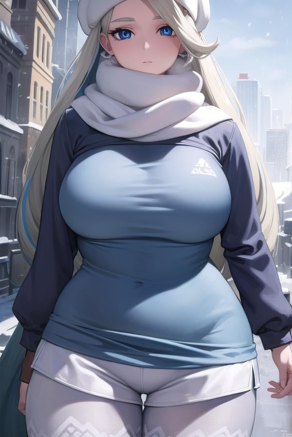 pokemonmelony, <lora:pokemonmelony-lora-nochekaiser:1>,pokemonmelony, blue eyes, eyelashes, long hair, multicolored hair, streaked hair, grey hair, (large breasts:1.2),BREAK earrings, gloves, hat, jewelry, long sleeves, pantyhose, pantyhose under shorts, scarf, shorts, single glove, snowflakes, sweater, white headwear, white scarf, white sweater,BREAK outdoors, city, snow,BREAK looking at viewer, (cowboy shot:1.5),BREAK <lyco:GoodHands-beta2:1>, (masterpiece:1.2), best quality, high resolution, unity 8k wallpaper, (illustration:0.8), (beautiful detailed eyes:1.6), extremely detailed face, perfect lighting, extremely detailed CG, (perfect hands, perfect anatomy),