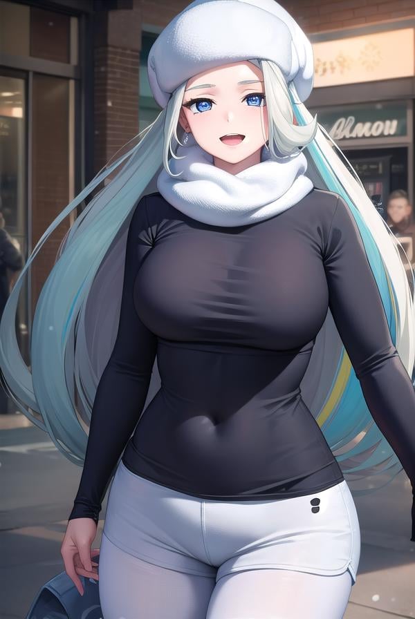 pokemonmelony, <lora:pokemonmelony-lora-nochekaiser:1>,pokemonmelony, blue eyes, eyelashes, long hair, multicolored hair, streaked hair, grey hair, (large breasts:1.2), <lora:sensualface_type2:1>, open mouth, smile,BREAK earrings, gloves, hat, jewelry, long sleeves, pantyhose, pantyhose under shorts, scarf, shorts, single glove, snowflakes, sweater, white headwear, white scarf, white sweater,BREAK outdoors, city, snow,BREAK looking at viewer, (cowboy shot:1.5),BREAK <lyco:GoodHands-beta2:1>, (masterpiece:1.2), best quality, high resolution, unity 8k wallpaper, (illustration:0.8), (beautiful detailed eyes:1.6), extremely detailed face, perfect lighting, extremely detailed CG, (perfect hands, perfect anatomy),