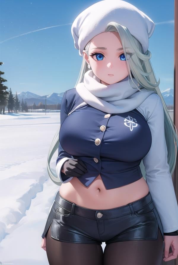 pokemonmelony, <lora:pokemonmelony-lora-nochekaiser:1>,pokemonmelony, blue eyes, eyelashes, long hair, multicolored hair, streaked hair, grey hair, (large breasts:1.2),BREAK earrings, gloves, hat, jewelry, long sleeves, pantyhose, pantyhose under shorts, scarf, shorts, single glove, snowflakes, sweater, white headwear, white scarf, white sweater,BREAK outdoors, city, snow,BREAK looking at viewer, (cowboy shot:1.5),BREAK <lyco:GoodHands-beta2:1>, (masterpiece:1.2), best quality, high resolution, unity 8k wallpaper, (illustration:0.8), (beautiful detailed eyes:1.6), extremely detailed face, perfect lighting, extremely detailed CG, (perfect hands, perfect anatomy),