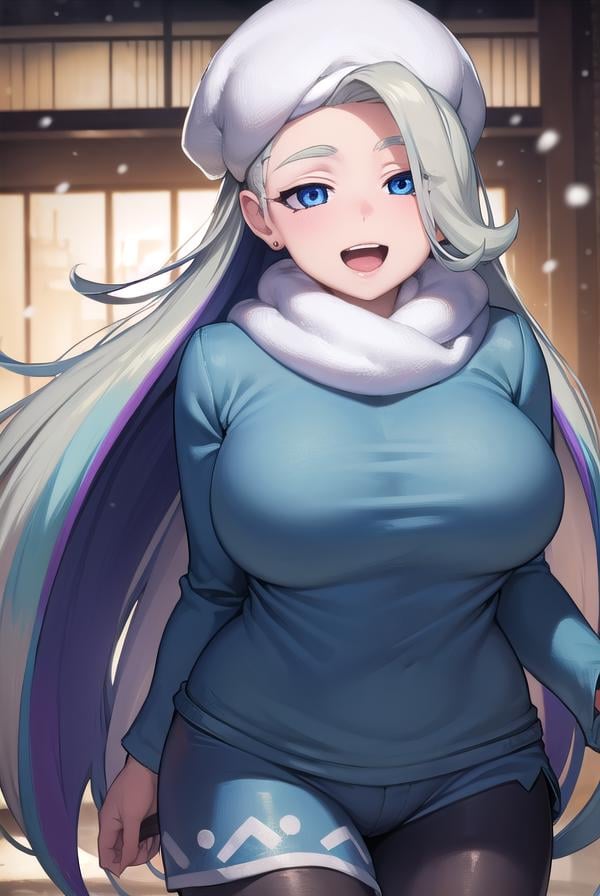 pokemonmelony, <lora:pokemonmelony-lora-nochekaiser:1>,pokemonmelony, blue eyes, eyelashes, long hair, multicolored hair, streaked hair, grey hair, (large breasts:1.2), <lora:sensualface_type2:1>, open mouth, smile,BREAK earrings, gloves, hat, jewelry, long sleeves, pantyhose, pantyhose under shorts, scarf, shorts, single glove, snowflakes, sweater, white headwear, white scarf, white sweater,BREAK outdoors, city, snow,BREAK looking at viewer, (cowboy shot:1.5),BREAK <lyco:GoodHands-beta2:1>, (masterpiece:1.2), best quality, high resolution, unity 8k wallpaper, (illustration:0.8), (beautiful detailed eyes:1.6), extremely detailed face, perfect lighting, extremely detailed CG, (perfect hands, perfect anatomy),