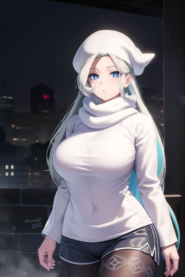 pokemonmelony, <lora:pokemonmelony-lora-nochekaiser:1>,pokemonmelony, blue eyes, eyelashes, long hair, multicolored hair, streaked hair, grey hair, (large breasts:1.2),BREAK earrings, gloves, hat, jewelry, long sleeves, pantyhose, pantyhose under shorts, scarf, shorts, single glove, snowflakes, sweater, white headwear, white scarf, white sweater,BREAK outdoors, city, snow,BREAK looking at viewer, (cowboy shot:1.5),BREAK <lyco:GoodHands-beta2:1>, (masterpiece:1.2), best quality, high resolution, unity 8k wallpaper, (illustration:0.8), (beautiful detailed eyes:1.6), extremely detailed face, perfect lighting, extremely detailed CG, (perfect hands, perfect anatomy),