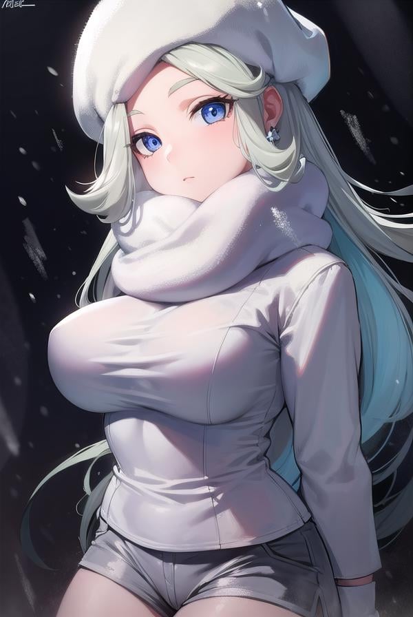 pokemonmelony, <lora:pokemonmelony-lora-nochekaiser:1>,pokemonmelony, blue eyes, eyelashes, long hair, multicolored hair, streaked hair, grey hair, (large breasts:1.2),BREAK earrings, gloves, hat, jewelry, long sleeves, pantyhose, pantyhose under shorts, scarf, shorts, single glove, snowflakes, sweater, white headwear, white scarf, white sweater,BREAK outdoors, city, snow,BREAK looking at viewer, (cowboy shot:1.5),BREAK <lyco:GoodHands-beta2:1>, (masterpiece:1.2), best quality, high resolution, unity 8k wallpaper, (illustration:0.8), (beautiful detailed eyes:1.6), extremely detailed face, perfect lighting, extremely detailed CG, (perfect hands, perfect anatomy),