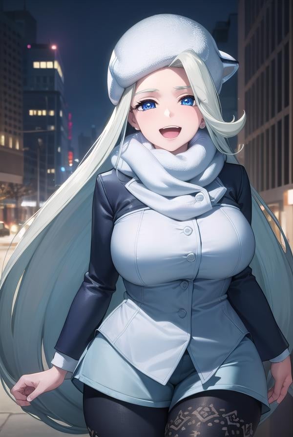 pokemonmelony, <lora:pokemonmelony-lora-nochekaiser:1>,pokemonmelony, blue eyes, eyelashes, long hair, multicolored hair, streaked hair, grey hair, (large breasts:1.2), <lora:sensualface_type2:1>, open mouth, smile,BREAK earrings, gloves, hat, jewelry, long sleeves, pantyhose, pantyhose under shorts, scarf, shorts, single glove, snowflakes, sweater, white headwear, white scarf, white sweater,BREAK outdoors, city, snow,BREAK looking at viewer, (cowboy shot:1.5),BREAK <lyco:GoodHands-beta2:1>, (masterpiece:1.2), best quality, high resolution, unity 8k wallpaper, (illustration:0.8), (beautiful detailed eyes:1.6), extremely detailed face, perfect lighting, extremely detailed CG, (perfect hands, perfect anatomy),