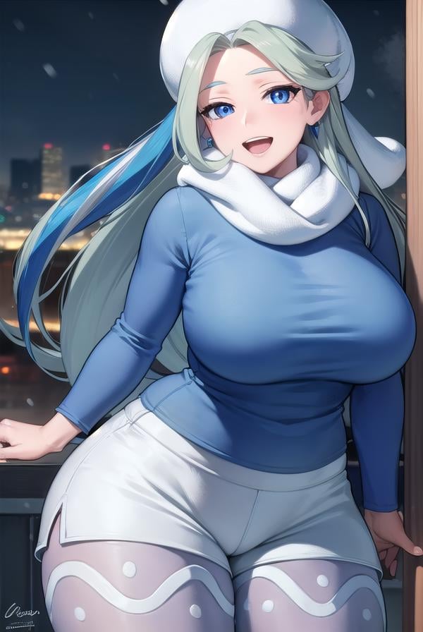 pokemonmelony, <lora:pokemonmelony-lora-nochekaiser:1>,pokemonmelony, blue eyes, eyelashes, long hair, multicolored hair, streaked hair, grey hair, (large breasts:1.2), <lora:sensualface_type2:1>, open mouth, smile,BREAK earrings, gloves, hat, jewelry, long sleeves, pantyhose, pantyhose under shorts, scarf, shorts, single glove, snowflakes, sweater, white headwear, white scarf, white sweater,BREAK outdoors, city, snow,BREAK looking at viewer, (cowboy shot:1.5),BREAK <lyco:GoodHands-beta2:1>, (masterpiece:1.2), best quality, high resolution, unity 8k wallpaper, (illustration:0.8), (beautiful detailed eyes:1.6), extremely detailed face, perfect lighting, extremely detailed CG, (perfect hands, perfect anatomy),