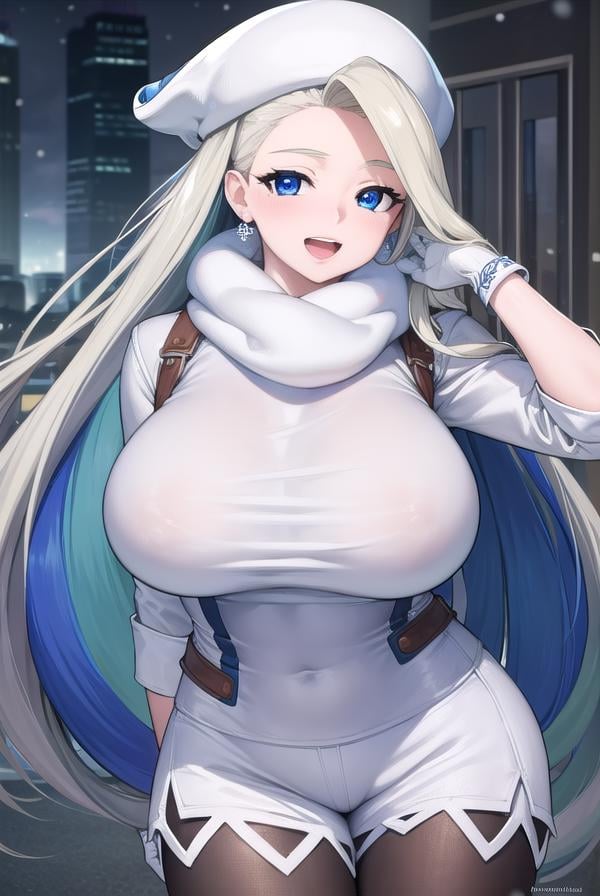 pokemonmelony, <lora:pokemonmelony-lora-nochekaiser:1>,pokemonmelony, blue eyes, eyelashes, long hair, multicolored hair, streaked hair, grey hair, (large breasts:1.2), <lora:sensualface_type2:1>, open mouth, smile,BREAK earrings, gloves, hat, jewelry, long sleeves, pantyhose, pantyhose under shorts, scarf, shorts, single glove, snowflakes, sweater, white headwear, white scarf, white sweater,BREAK outdoors, city, snow,BREAK looking at viewer, (cowboy shot:1.5),BREAK <lyco:GoodHands-beta2:1>, (masterpiece:1.2), best quality, high resolution, unity 8k wallpaper, (illustration:0.8), (beautiful detailed eyes:1.6), extremely detailed face, perfect lighting, extremely detailed CG, (perfect hands, perfect anatomy),