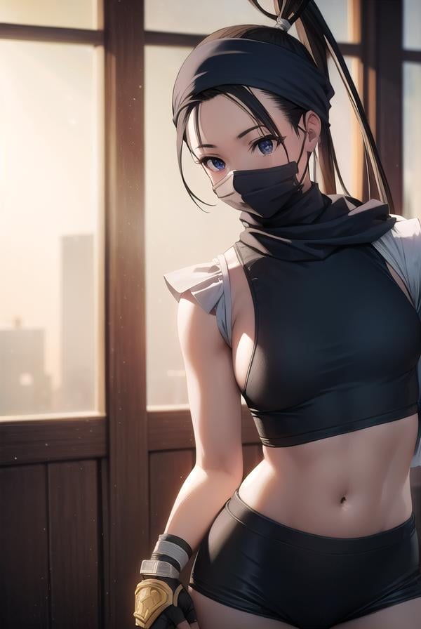 ibuki, <lora:ibuki-lora-nochekaiser:1>,ibuki, (black eyes:1.5), black hair, long hair, ponytail,BREAK bandages, bandana, covered mouth, fingerless gloves, gloves, half mask, hip vent, japanese clothes, mask, mouth mask, ninja,BREAK indoors,BREAK looking at viewer, (cowboy shot:1.5),BREAK <lyco:GoodHands-beta2:1>, (masterpiece:1.2), best quality, high resolution, unity 8k wallpaper, (illustration:0.8), (beautiful detailed eyes:1.6), extremely detailed face, perfect lighting, extremely detailed CG, (perfect hands, perfect anatomy),