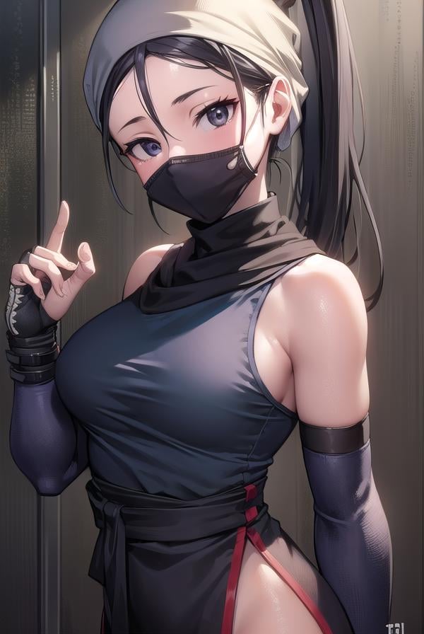 ibuki, <lora:ibuki-lora-nochekaiser:1>,ibuki, (black eyes:1.5), black hair, long hair, ponytail,BREAK bandages, bandana, covered mouth, fingerless gloves, gloves, half mask, hip vent, japanese clothes, mask, mouth mask, ninja,BREAK indoors,BREAK looking at viewer, (cowboy shot:1.5),BREAK <lyco:GoodHands-beta2:1>, (masterpiece:1.2), best quality, high resolution, unity 8k wallpaper, (illustration:0.8), (beautiful detailed eyes:1.6), extremely detailed face, perfect lighting, extremely detailed CG, (perfect hands, perfect anatomy),