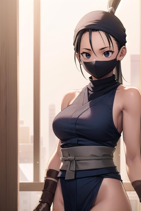 ibuki, <lora:ibuki-lora-nochekaiser:1>,ibuki, (black eyes:1.5), black hair, long hair, ponytail,BREAK bandages, bandana, covered mouth, fingerless gloves, gloves, half mask, hip vent, japanese clothes, mask, mouth mask, ninja,BREAK indoors,BREAK looking at viewer, (cowboy shot:1.5),BREAK <lyco:GoodHands-beta2:1>, (masterpiece:1.2), best quality, high resolution, unity 8k wallpaper, (illustration:0.8), (beautiful detailed eyes:1.6), extremely detailed face, perfect lighting, extremely detailed CG, (perfect hands, perfect anatomy),