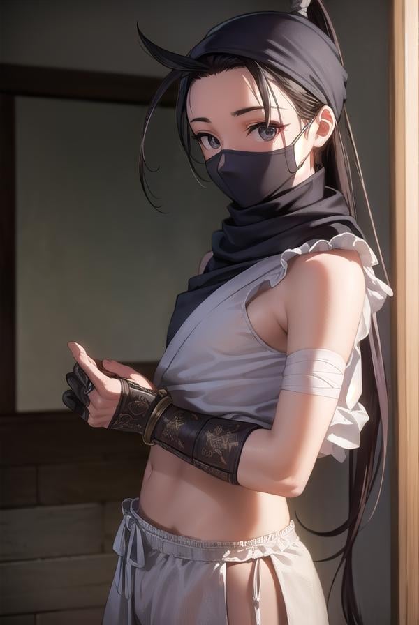 ibuki, <lora:ibuki-lora-nochekaiser:1>,ibuki, (black eyes:1.5), black hair, long hair, ponytail,BREAK bandages, bandana, covered mouth, fingerless gloves, gloves, half mask, hip vent, japanese clothes, mask, mouth mask, ninja,BREAK indoors,BREAK looking at viewer, (cowboy shot:1.5),BREAK <lyco:GoodHands-beta2:1>, (masterpiece:1.2), best quality, high resolution, unity 8k wallpaper, (illustration:0.8), (beautiful detailed eyes:1.6), extremely detailed face, perfect lighting, extremely detailed CG, (perfect hands, perfect anatomy),