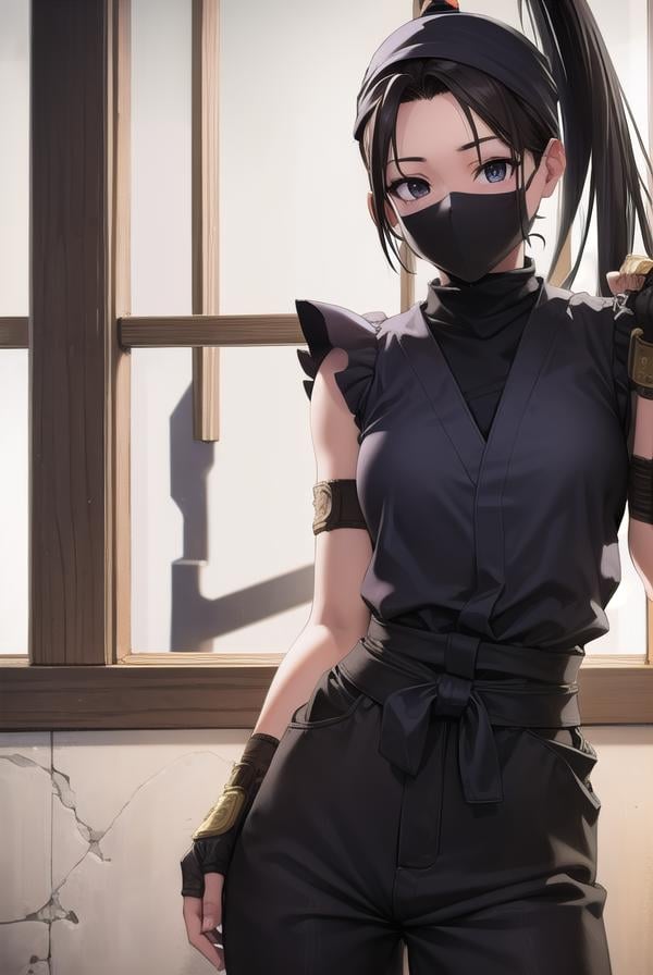 ibuki, <lora:ibuki-lora-nochekaiser:1>,ibuki, (black eyes:1.5), black hair, long hair, ponytail,BREAK bandages, bandana, covered mouth, fingerless gloves, gloves, half mask, hip vent, japanese clothes, mask, mouth mask, ninja,BREAK indoors,BREAK looking at viewer, (cowboy shot:1.5),BREAK <lyco:GoodHands-beta2:1>, (masterpiece:1.2), best quality, high resolution, unity 8k wallpaper, (illustration:0.8), (beautiful detailed eyes:1.6), extremely detailed face, perfect lighting, extremely detailed CG, (perfect hands, perfect anatomy),