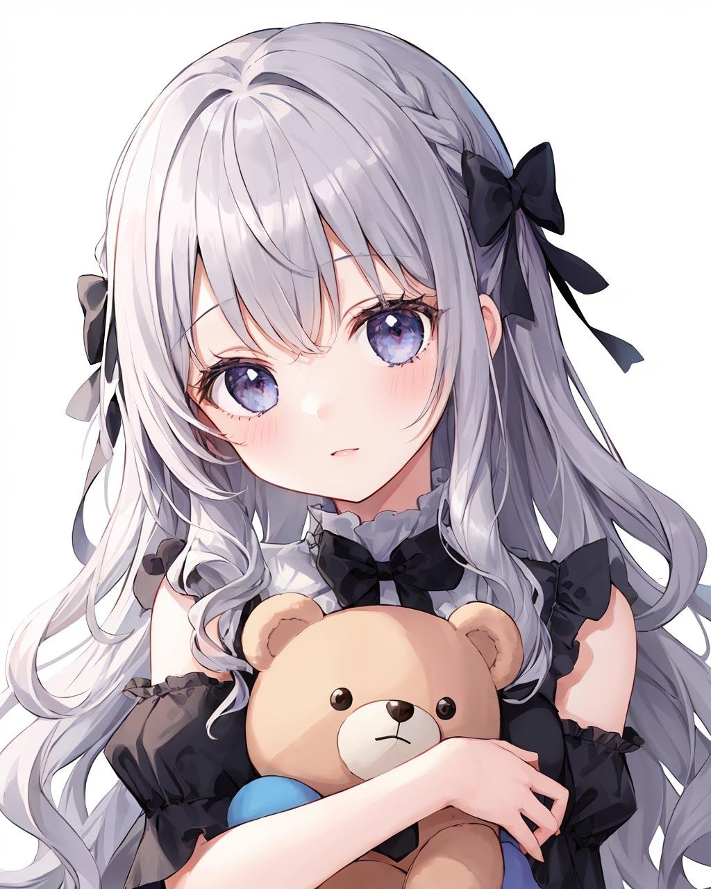 (1girl, solo), (eye focus, close-up:0.7), eyeliner, eyelashes, frills, bow, (holding stuffed toy, large teddy bear, doll_hug), wavy hair, (head tilt:1.2), (child, chibi), <lora:scV1:1.15> 