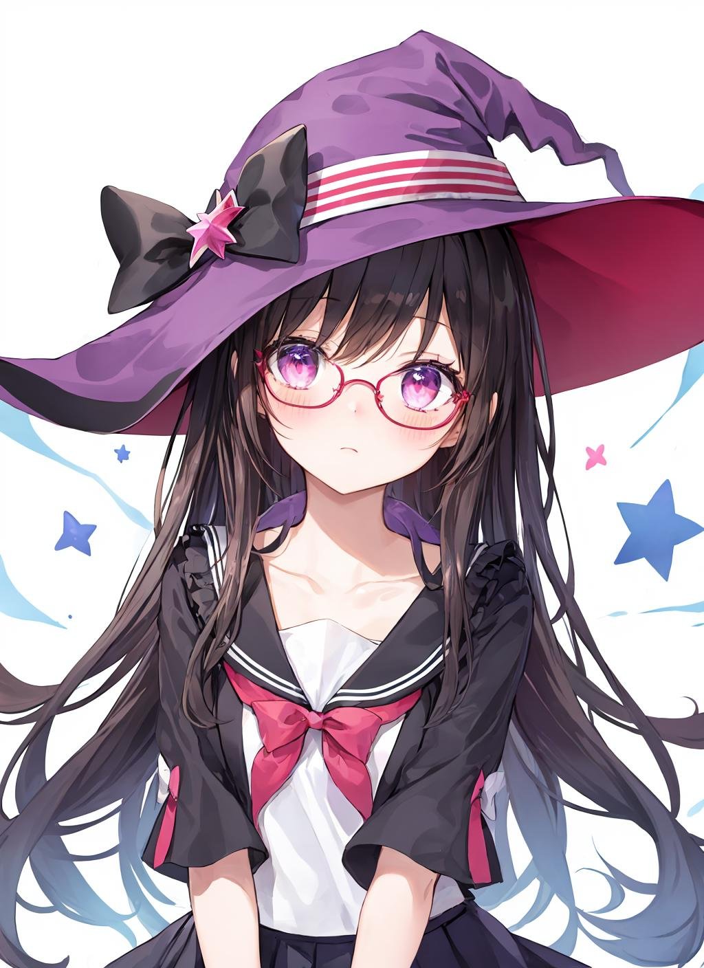 solo, (eye focus, close-up:0.8), eyeliner, eyelashes, collarbone, serafuku, skirt, bow, glasses, magic, witch hat, starry,  body blush, shiny skin, (expressionless:1.2), <lora:scV1:1.5> 