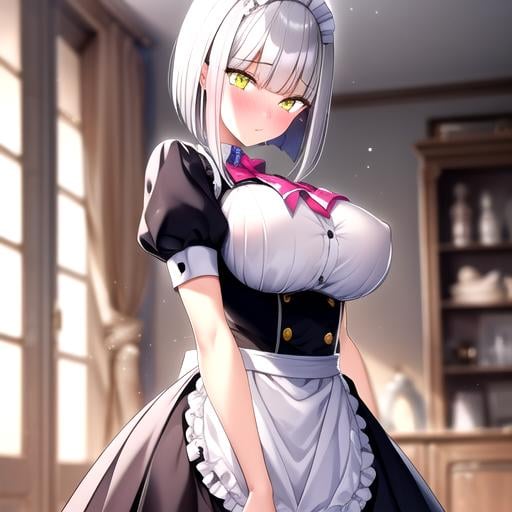 1girl,looking at viewer,short hair,bangs,yellow eyes,white hair,grey hair,solo focus,large breasts,standing,masterpiece,high quality,highres,maid,<lora:mf_maid-10:0.8>,