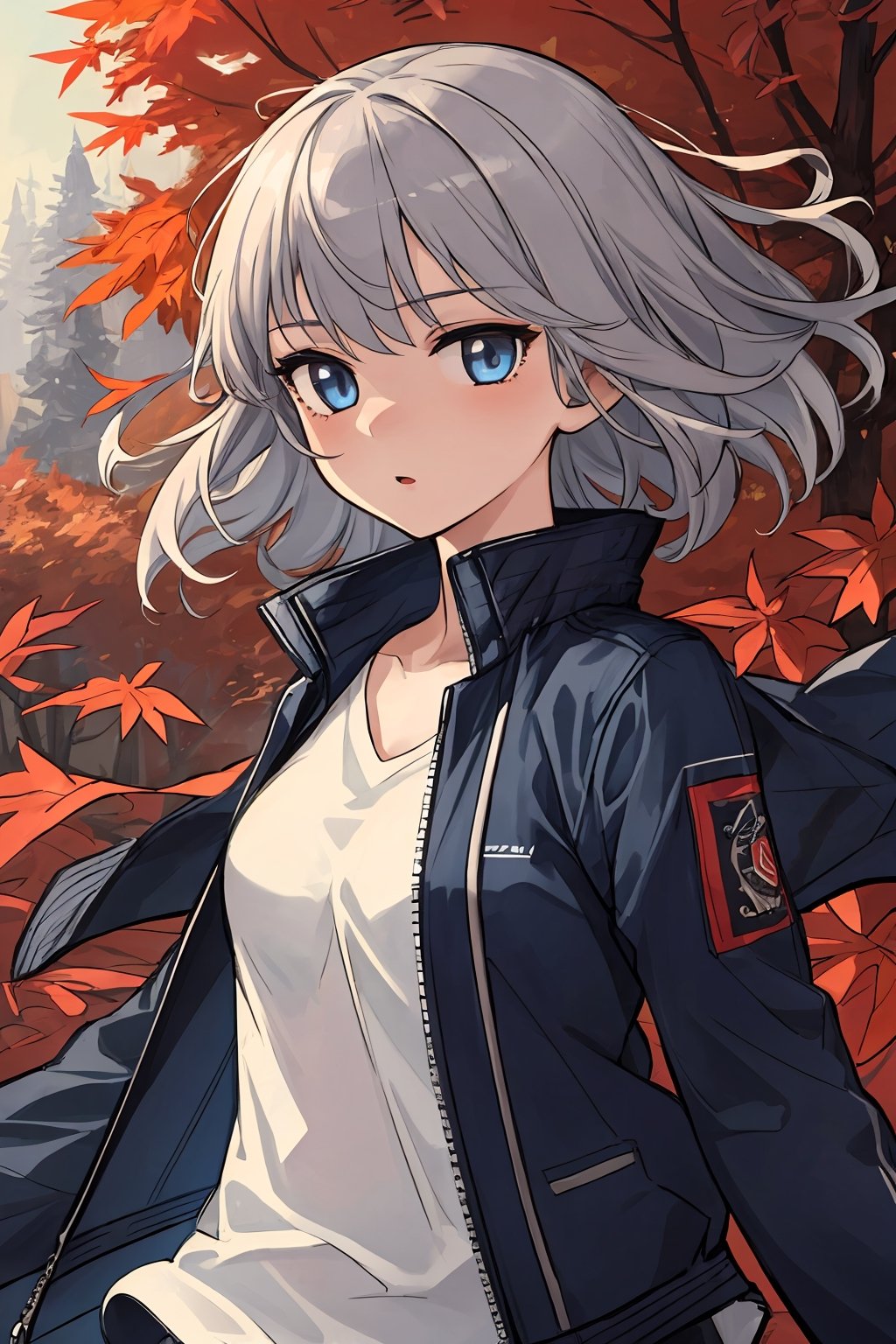 (best quality:1.2), (hyper detailed), 

extremely detailed, detailed background, 1girl, solo, autumn, Beautiful light, wind, leaves changing color, grey hair, medium hair, blue eyes, floating hair, shirt, jacket,