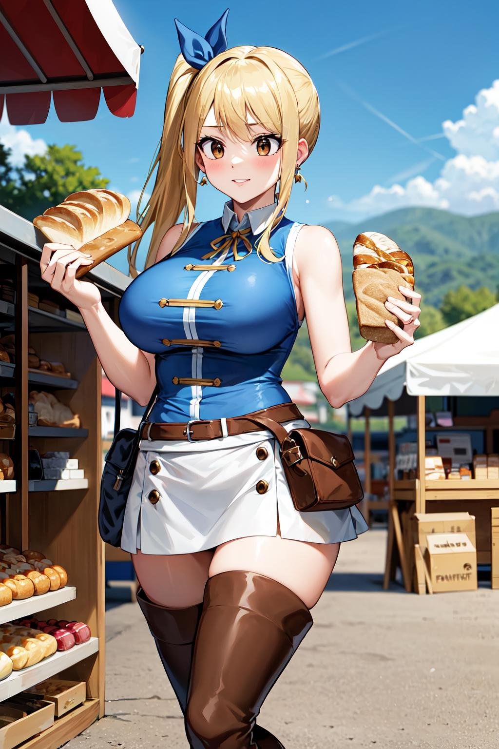 masterpiece, best quality, highres, lucy heartfilia, blonde hair, long hair, side ponytail, blue ribbon, large breasts, earrings, thigh boots, blue shirt, sleeveless shirt, white skirt, <lora:lucy_heartfilia_v11:0.7>, town, market stall, outdoors, walking,  cowboy shot, eating, bread