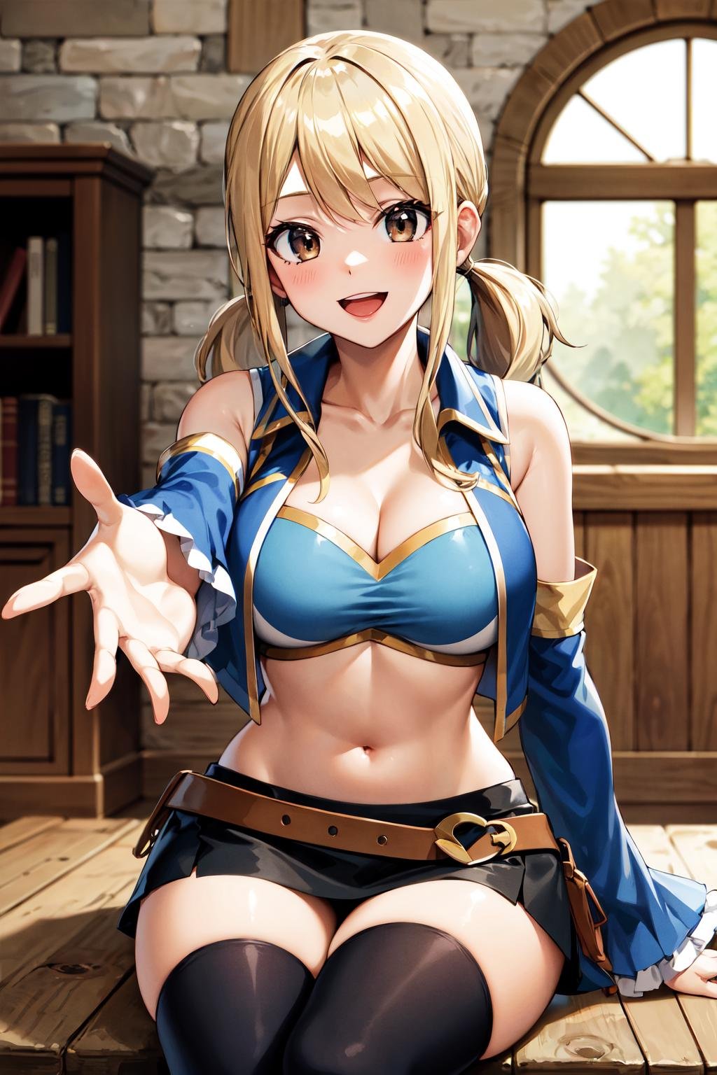 asterpiece, best quality, highres, lucy heartfilia, blonde hair, twintails, large breasts, black thighhighs, detached sleeves, midriff, cropped vest, strapless, belt, black skirt, <lora:lucy_heartfilia_v11:0.7>, cowboy shot, indoors, sitting, reaching out, smile, open mouth,