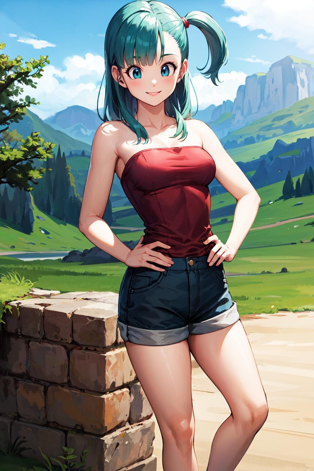 masterpiece, best quality, highres, dragon ball, blmsdup, bulma, aqua hair, one side up, shorts, bare shoulders, strapless, medium breasts, <lora:bulma_v1:0.7>, outdoors, standing, cowboy shot, smile, hand on hip,