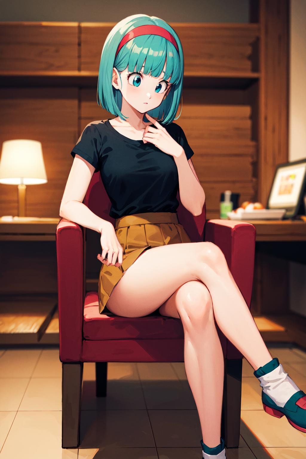 masterpiece, best quality, highres, dragon ball, blmmid, aqua hair, medium hair, blunt bangs, red hairband, medium breasts, shirt, skirt, <lora:bulma_v1:0.7>, indoors, crossed legs, chair,