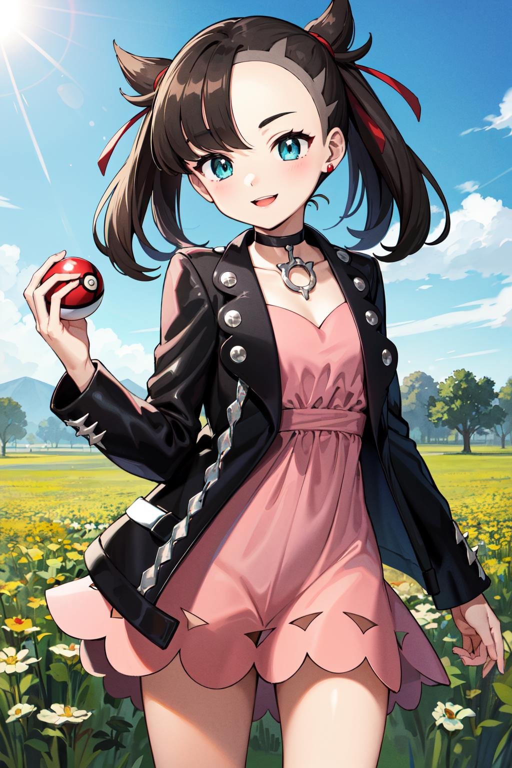 masterpiece, best quality, highres, hmmarnie, aqua eyes, black choker, red ribbon, pink dress, jewelry, black jacket, open clothes, long sleeves, <lora:marnie_v1:0.7>,  cowboy shot, standing, field, holding poke ball, poke ball \(basic\), smile, open mouth, 