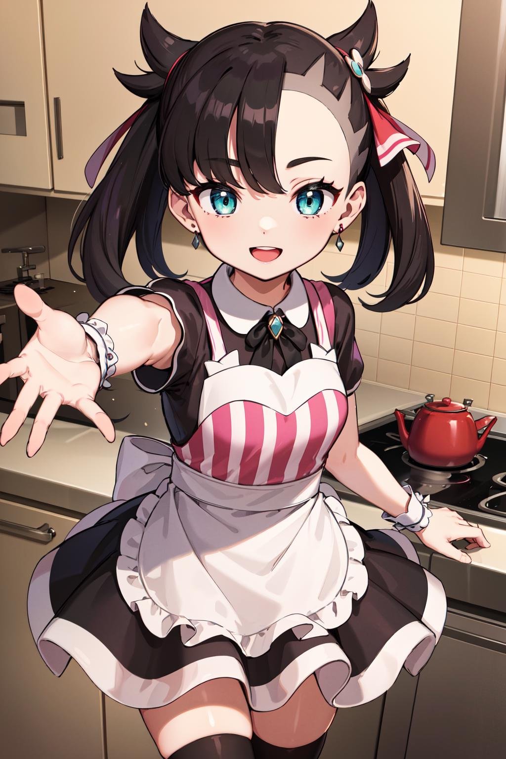 masterpiece, best quality, highres, hmmarnie, aqua eyes, hair ornament, earrings, jewelry, vertical-striped dress, black apron, short sleeves, wrist cuffs, black thighhighs, <lora:marnie_v1:0.7>, reaching out, smile, open mouth, kitchen,