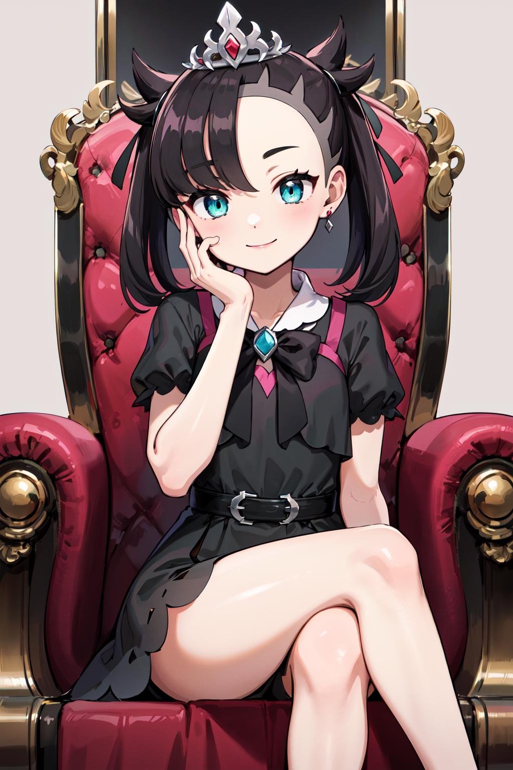 masterpiece, best quality, highres, hmmarnie, aqua eyes, black ribbon, tiara, earrings, jewelry, belt, black dress, pink dress, short sleeves, bow, <lora:marnie_v1:0.7>, sitting, crossed legs, smile, throne, hand on own face, 