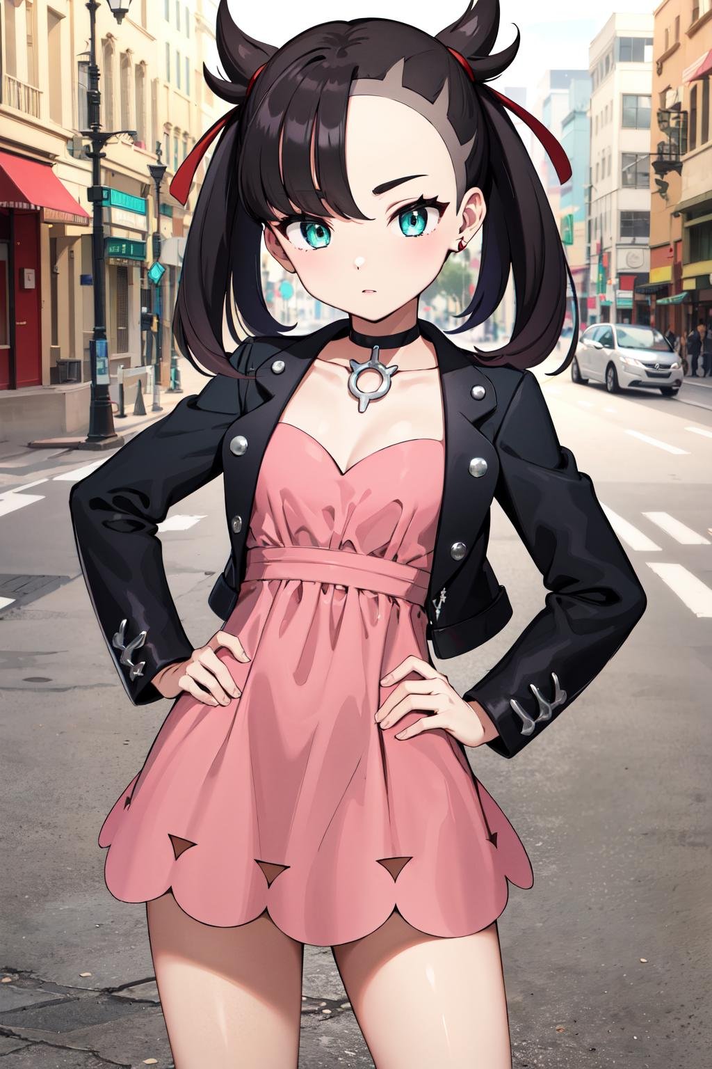 masterpiece, best quality, highres, hmmarnie, aqua eyes, black choker, red ribbon, pink dress, jewelry, black jacket, open clothes, long sleeves, <lora:marnie_v1:0.7>,  cowboy shot, standing, hand on hip, street,
