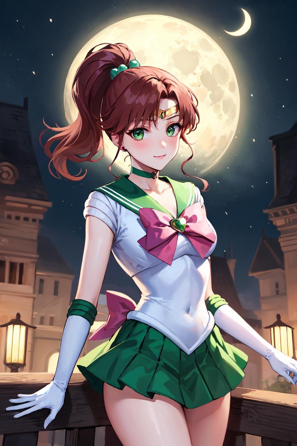 masterpiece, best quality, highres, hmjupiter, green eyes, ponytail, tiara, jewelry, sailor senshi uniform, green sailor collar, choker, elbow gloves, white gloves, pink bow, brooch, leotard, green skirt, <lora:sailor_jupiter_v1:0.7>, cowboy shot, standing, night, moon