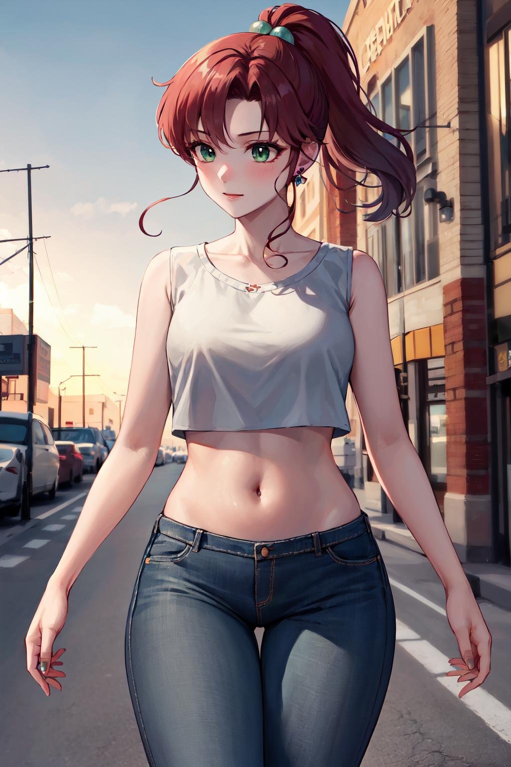 masterpiece, best quality, highres, hmjupiter, ponytail, green eyes, jewelry, <lora:sailor_jupiter_v1:0.7>, crop top, jeans, navel, street, outdoors, cowboy shot, walking, 