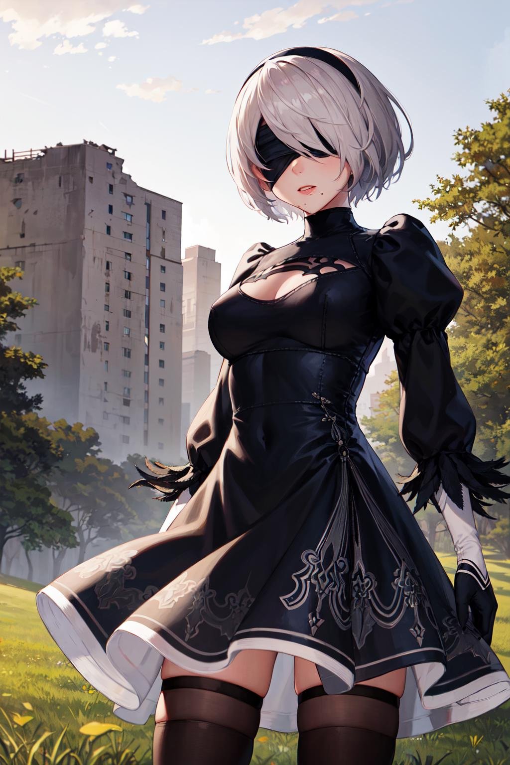 masterpiece, best quality, highres, hm2b, black blindfold, covered eyes, mole under mouth, clothing cutout, long sleeves, puffy sleeves,  juliet sleeves, feather trim, black thighhighs, black gloves, black dress, black skirt, <lora:y2b_v2-1:0.7>, outdoor, grass, building, ruins, field, standing, cowboy shot, 