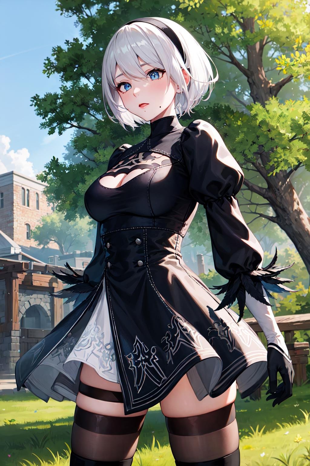 masterpiece, best quality, highres, hm2b, blue eyes, mole under mouth, clothing cutout, long sleeves, puffy sleeves,  juliet sleeves, feather trim, black thighhighs, black gloves, black dress, black skirt, <lora:y2b_v2-1:0.7>, cowboy shot, standing, outdoors