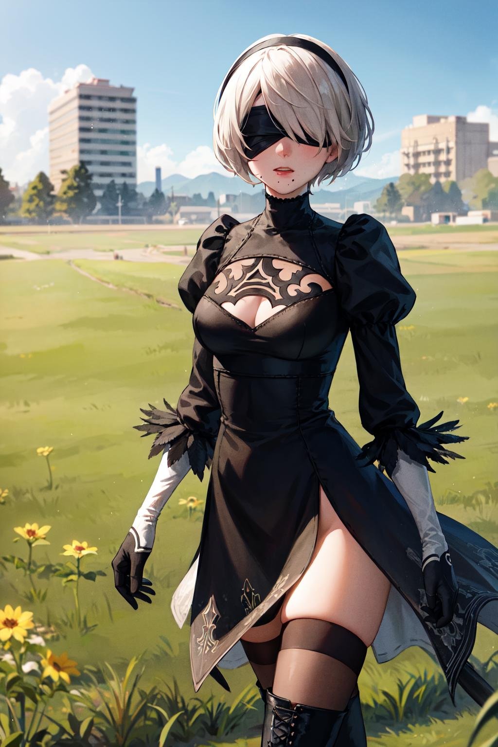 masterpiece, best quality, highres, hm2b, black blindfold, covered eyes, mole under mouth, clothing cutout, long sleeves, puffy sleeves,  juliet sleeves, feather trim, black thighhighs, black gloves, black dress, black skirt, <lora:y2b_v2-1:0.7>, outdoor, grass, building, ruins, field, walking, thigh boots, 