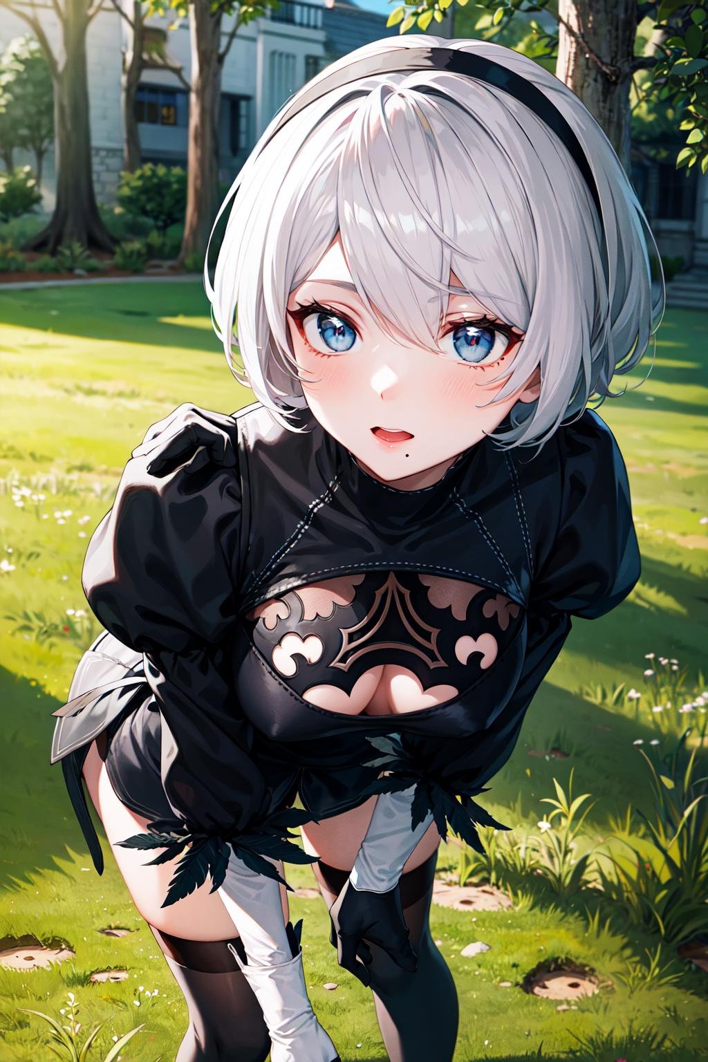 masterpiece, best quality, highres, hm2b, light blue eyes, mole under mouth, clothing cutout, long sleeves, puffy sleeves, juliet sleeves, feather trim, black thighhighs, black gloves, black dress, black skirt, <lora:y2b_v2-1:0.7>, leaning forward, outdoors