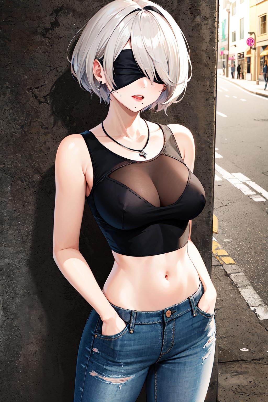 masterpiece, best quality, highres, hm2b, black blindfold, covered eyes, mole under mouth, necklace, earrings, crop top, navel, jeans, sleeveless, <lora:y2b_v2-1:0.7>, street, cowboy shot, hand in pocket, 