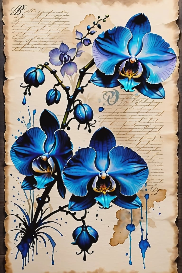 a 3 flower'd blue orchid, Inkstains, high quality, beautiful, highly detailed, 8k, unfinished black ink, crooked parchment paper