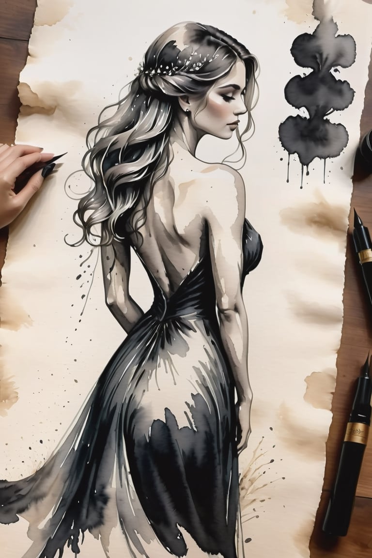 a body study of a beautiful woman, from behind, curved back, gossamer gown Inkstains, high quality, beautiful, highly detailed, 8k, unfinished black ink
