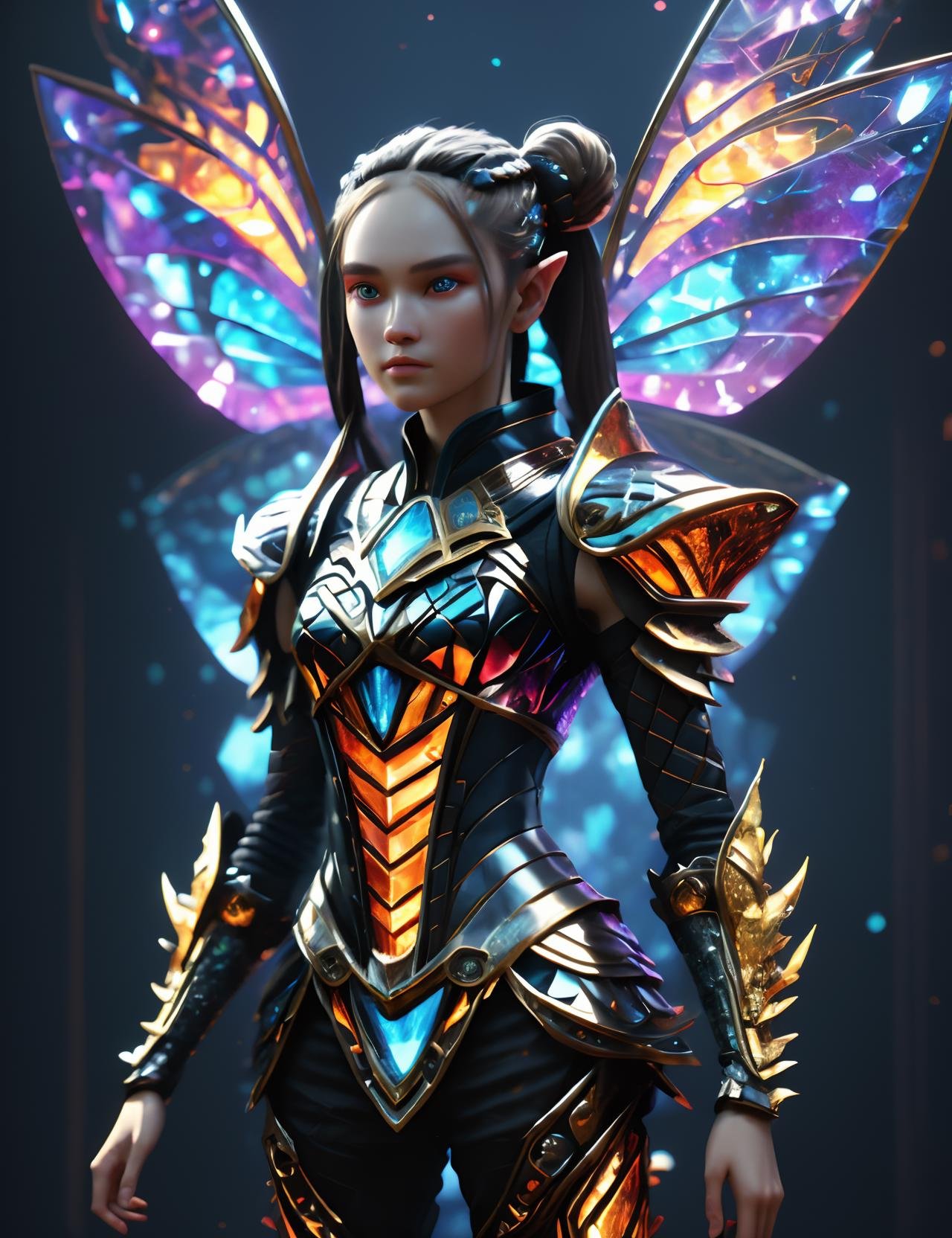 ((best quality)), ((masterpiece)), ((realistic,digital art)), (hyper detailed),  full body shot of Middle-aged, Firm, Berber, Hazel eyes, Pointed Ears, Angular Nose,        , Golden Blonde Space buns hair, Relief wearing F43Arm0r, Tundra Nighttime Wonder,Verdant Valley,Diversity of Insect, sci-fi,tech, futuristic,octane rendering, raytracing, volumetric lighting, Backlit,Rim Lighting, 8K, HDR, <lora:Fae_Armor-000008:1>