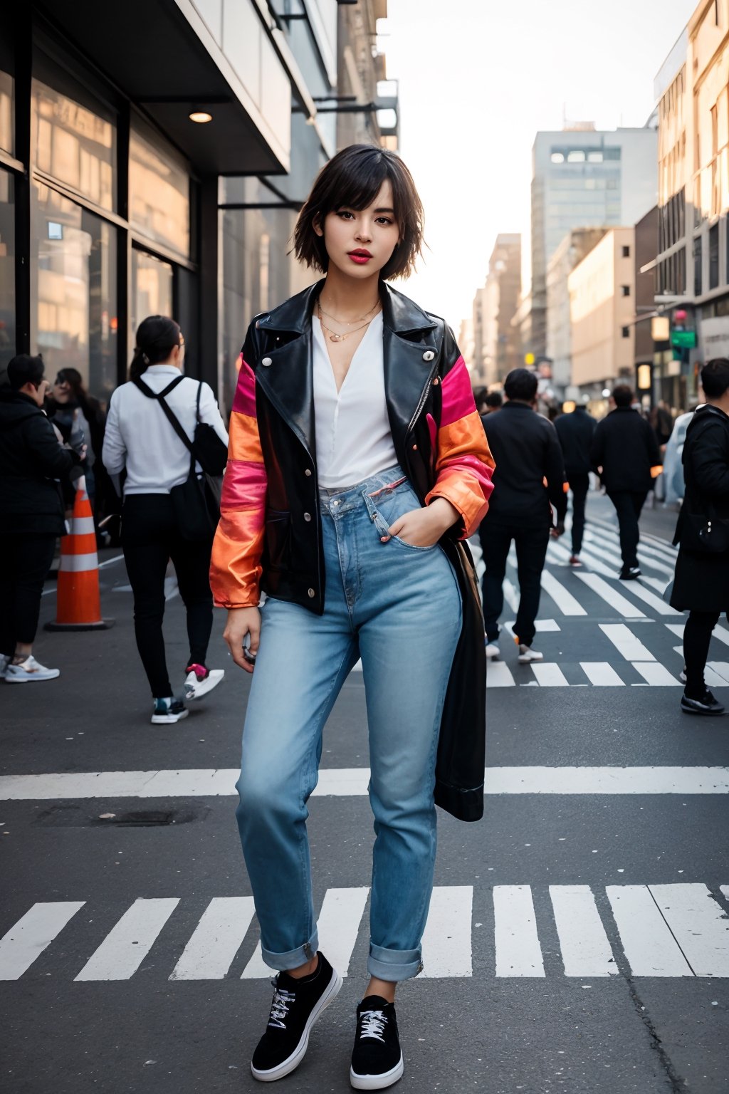 (best quality, photo-realistic:1.37), street fashion, vibrant colors, urban setting, dynamic lighting, stylish outfit, confident expression, fashionable accessories, bustling cityscape, busy pedestrians, modern architecture,