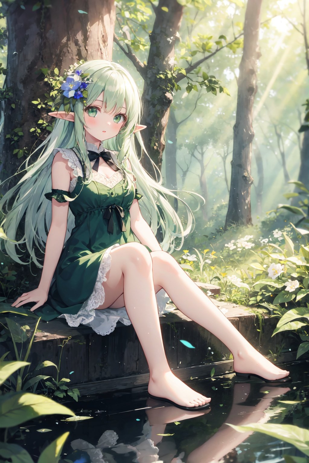 masterpiece,best quality,(ray tracing, reflection light),sunlight,solo, 1girl, full body, sitting, looking at viewer, elf girl, long hair, green hair, [green|blue] eyes, dress, white hair flower, hair ornament, wind, leaf, tree, forest