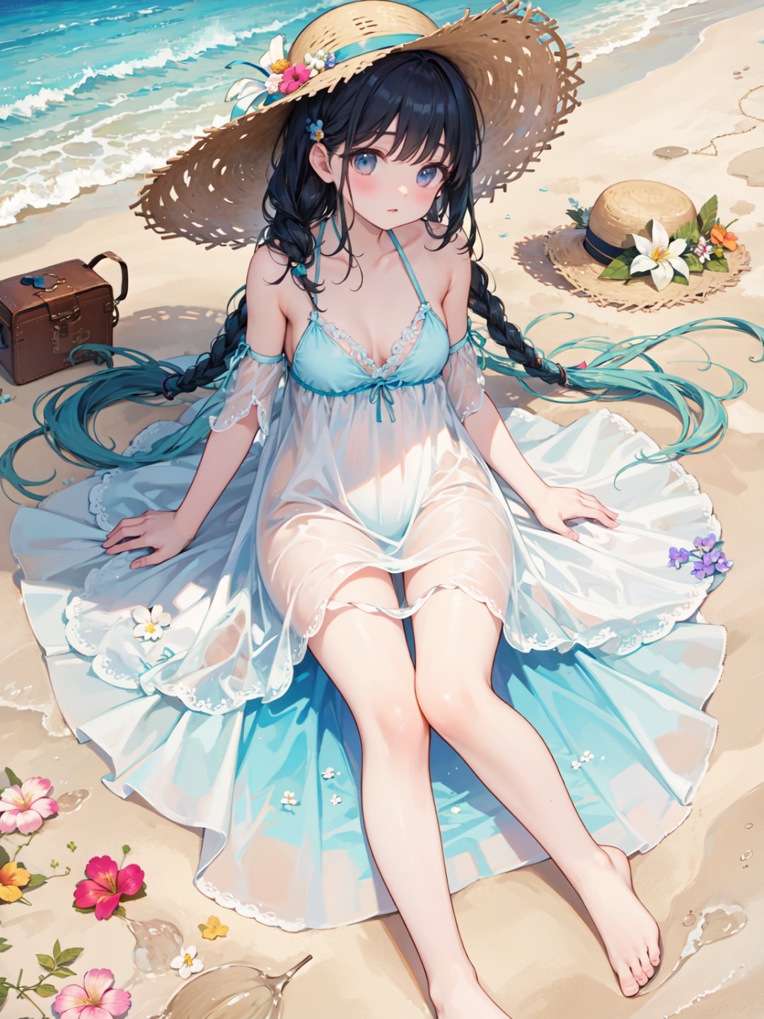 (masterpiece:1,2), best quality, masterpiece, highres, original, extremely detailed wallpaper, looking at viewer, (sheer white dress), masterpiece, best quality, lateral braid,hair arrangement,straw hat, barefoot, delicate water, beach, (hair with vines and flowers), (flowers and plants on clothes), (flowers and vines on body), tropical ocean, waves, highleg bikini, zipper pull tab, micro bikini, flowery nightgown, sitting, lying back, on ground, beach, sand,