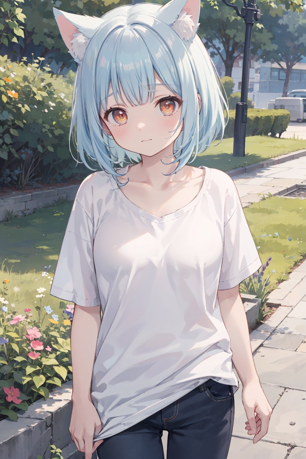 masterpiece, best quality, kawaii background, extremely detailed fine touch, extremely detailed CG unity 8k wallpaper,game_cg, artbook, wallpaper, colorful,///,solo, 1girl, breasts, cat ears, animal ear fluff, light blue hair, Asymmetrical bangs, orange eyes, bangs, light blush, delighted, collarbone,shirt, oversized shirt, cowboy shot,outdoors, pine tree, lavender \(flower\), clover, lawn, garden,<lora:Oversized shirt:1>