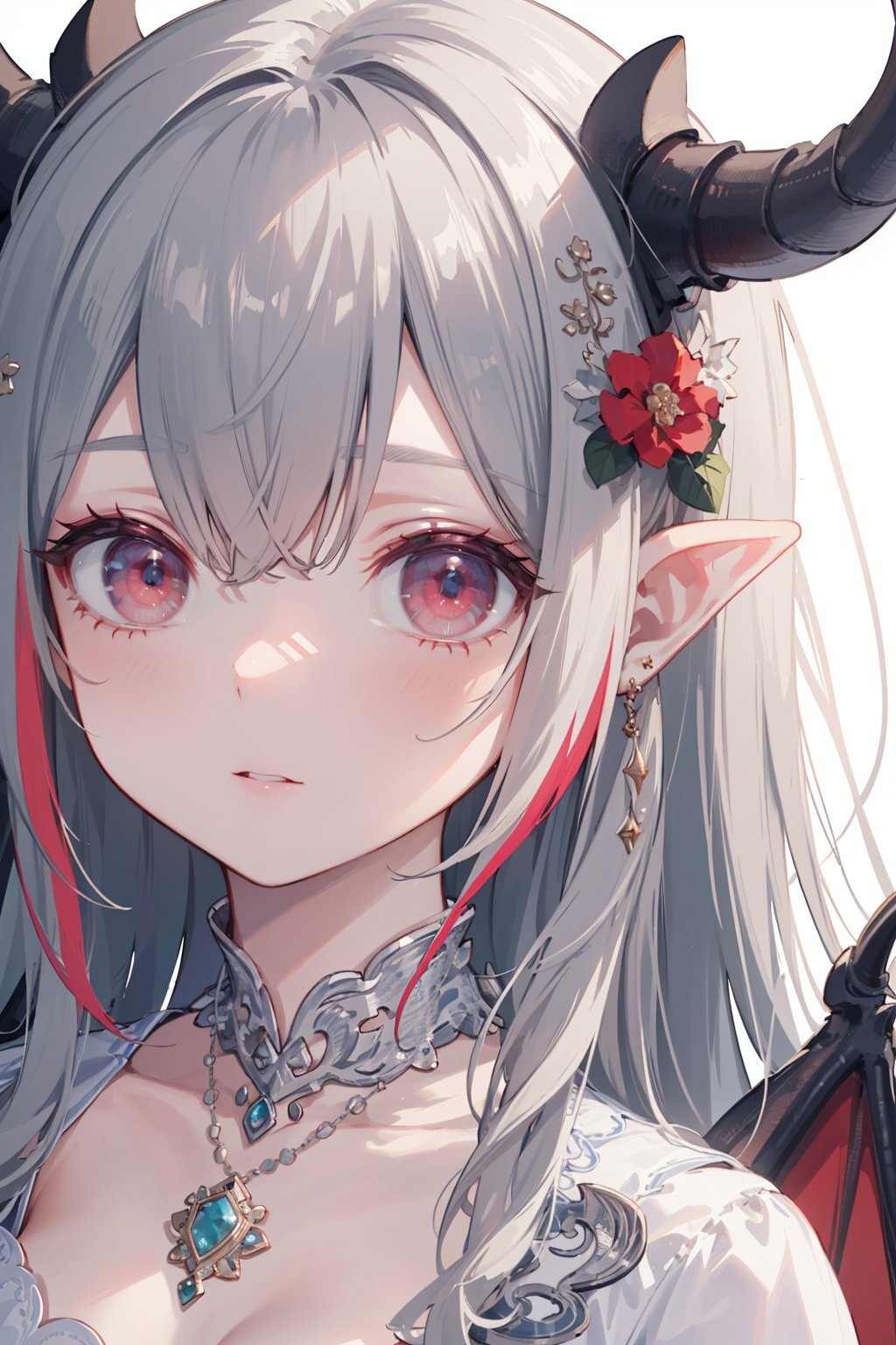 Masterpiece, best quality, ultra-detailed, color full, God rays, ray tracing, beautiful detail eyes, extremely detailed, highres, best quality, an extremely detailed and delicate, 8k cg wallpaper,(Dragon girl), Dragon Wings, Dragon horns, red eyes,(portrait:1.3),hair ornament, necklace, bow,long hair, pointy ears,two-tone dress,