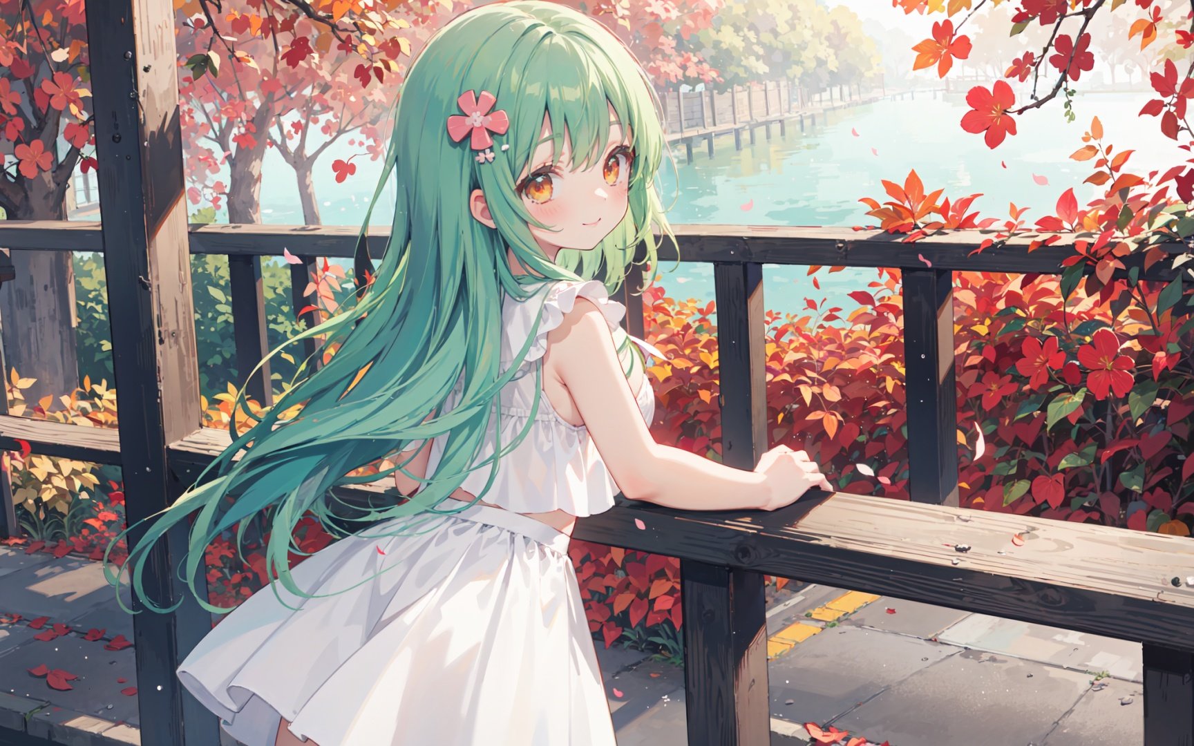 masterpiece, best quality, sunlight,red leaves fluttering,from behind,white skirt solo,leaning against the railing,a sweet smile,pixiv masterpiece,1girl,cute,kawaii,small breasts,green hair,orange eyes,clover hair ornament,long hair,disheveled hair,messy hair,