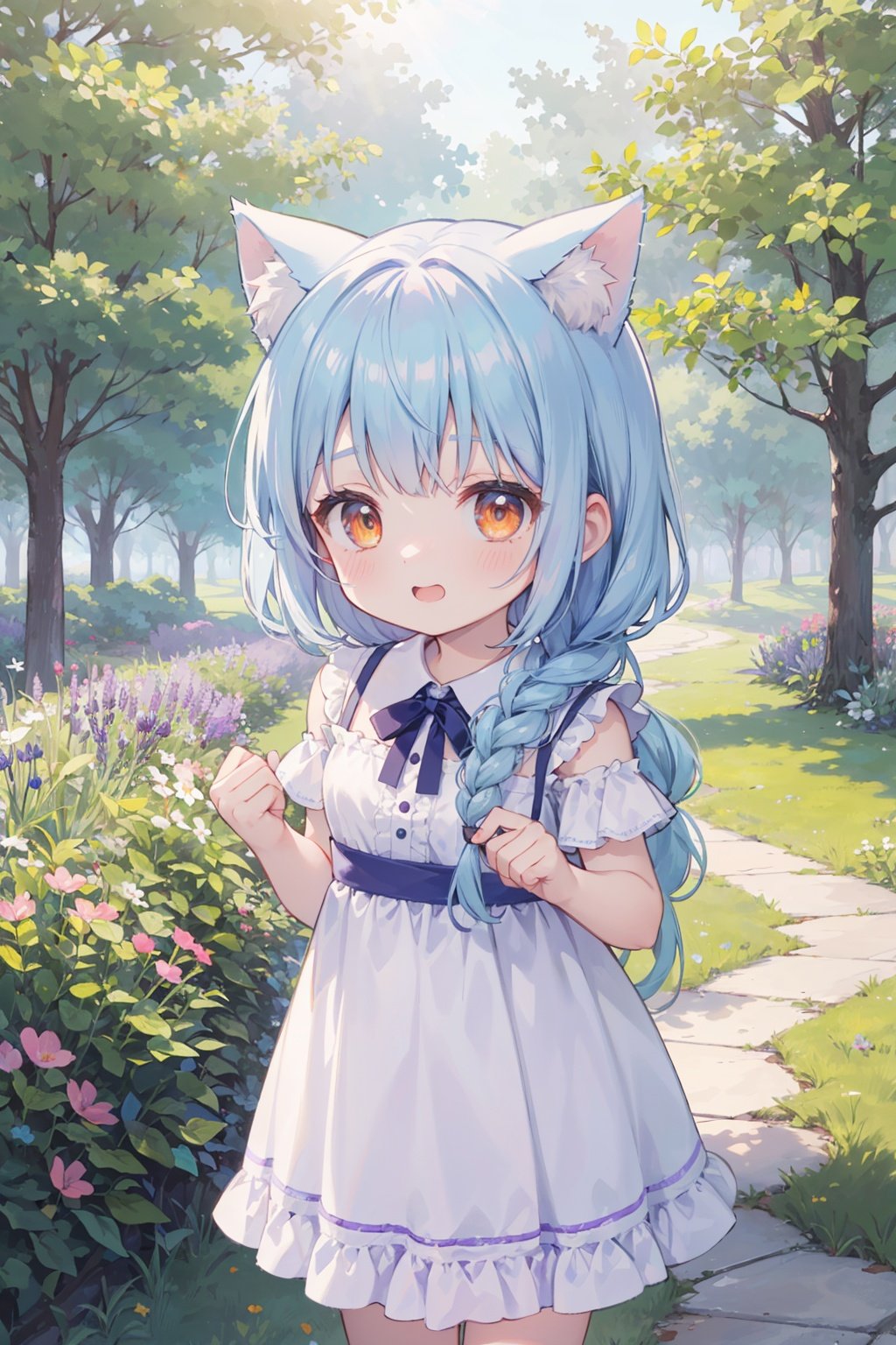 masterpiece,best quality, fantasy illustration, kawaii background, extremely detailed fine touch, highres, wallpaper, ray tracing, sunlight,solo, 1girl, (child:1.5), perfect female body, breasts, cat ears, animal ear fluff, light blue hair, Braided bangs,, orange eyes, bangs, light blush, delighted,frilled dress, cowboy shot,outdoors, pine tree, lavender \(flower\), clover, lawn, garden,