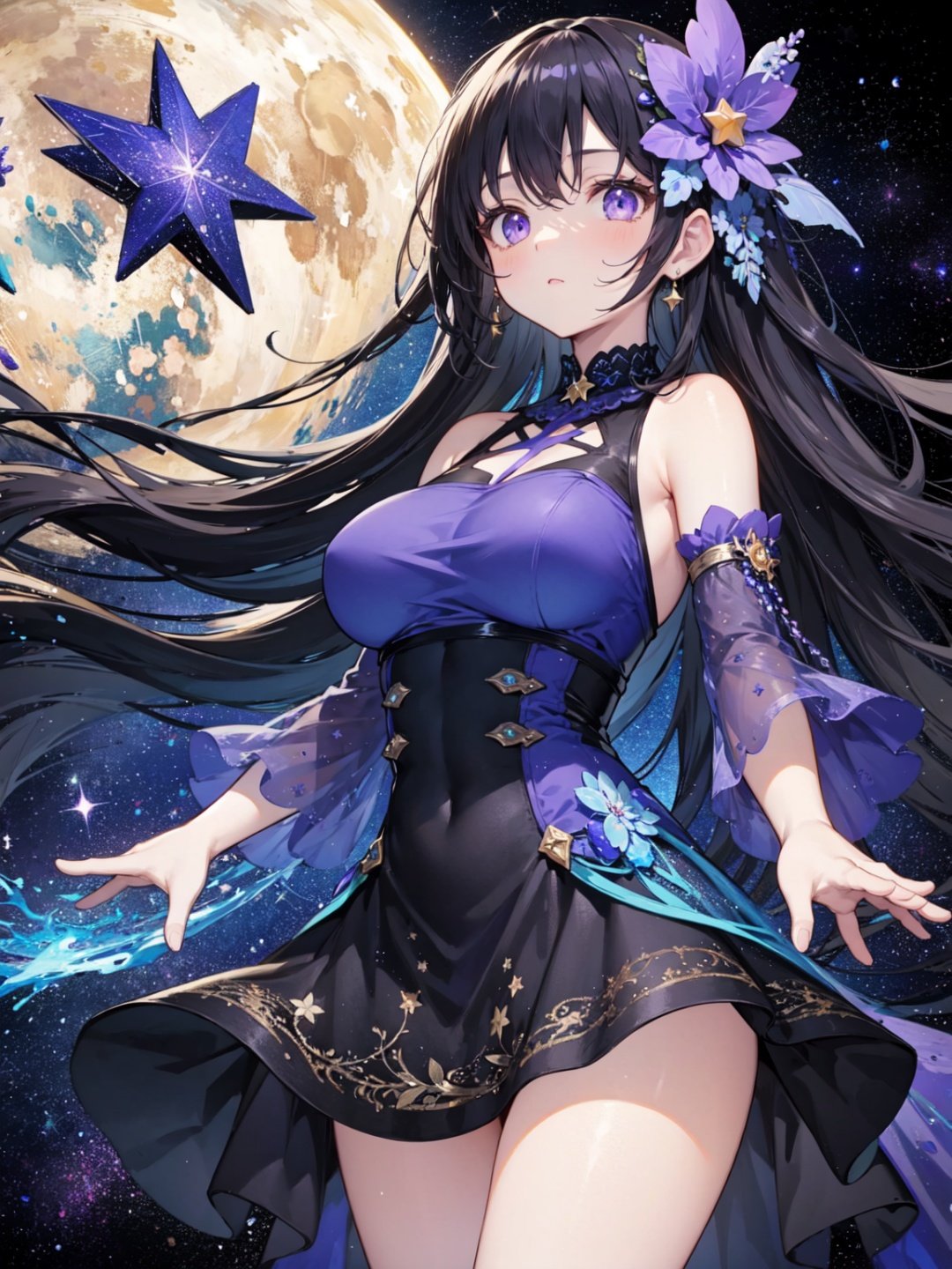 masterpiece, best quality, ultra-detailed, lostjourneyer, alter ego, dark persona,1girl, large breasts, wide hips, black hair, long hair, purple eyes, purple glow, expressionless, cold expression, star glint hair ornament, medium breasts, bare shoulders, detached sleeves,shiny blue and purple starry print dress, layered dress, starry background, void space, glints, floating light particles, cowboy shot, thighs, legs,