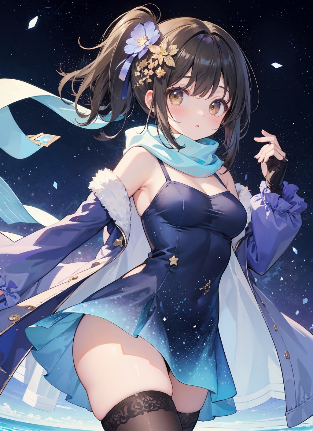 (pixiv masterpiece),best quality,1girl,cute,kawaii,1girl,black hair,long hair,brown eyes,star glint hair ornament,medium breasts,bare shoulders,detached sleeves,shiny blue and purple starry print dress,layered dress,starry background,void space,glints,floating light particles,cowboy shot,thighs,leg,sweater,translucent coat,fingerless gloves,legwear,ass focus,see-through legwear,scarf,