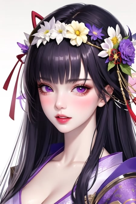 1girl, bangs, black hair, blunt bangs, blush, breasts, cleavage, flower, hair flower, hair ornament, japanese clothes, kimono, large breasts, long hair, looking at viewer, parted lips, portrait, purple eyes, purple hair, raiden shogun, ribbon, simple background, solo, upper body, white background,realistic,(masterpiece:1.4),(best quality:1.4),(shiny skin)