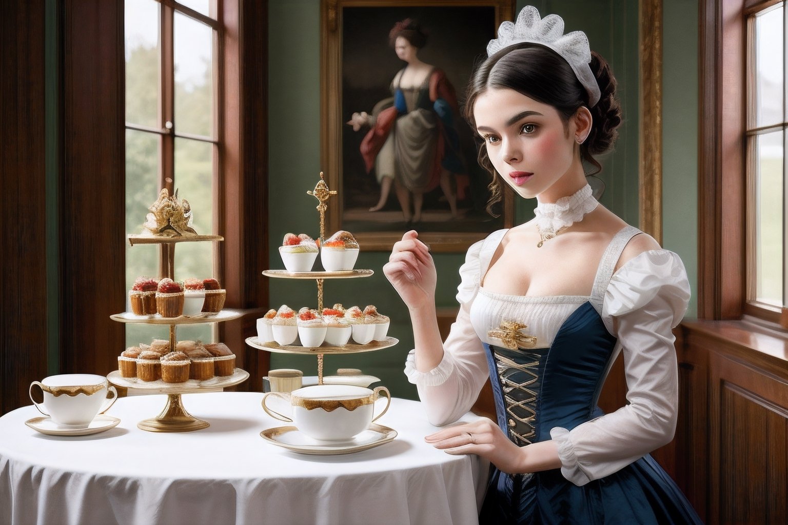 Realistic, Beautiful Women, tea party, 1boy, Rococo Style