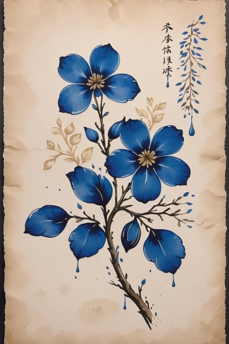 flower with 3 branches, blue petals, 5 petals, in each branch, 8k, unfinished ink,